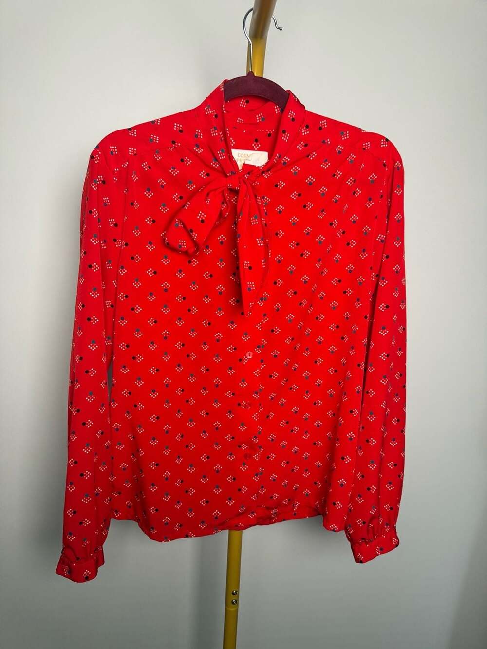 Vintage Country Sophisticates by Pendleton Red Geometric Print Tie Neck Blouse